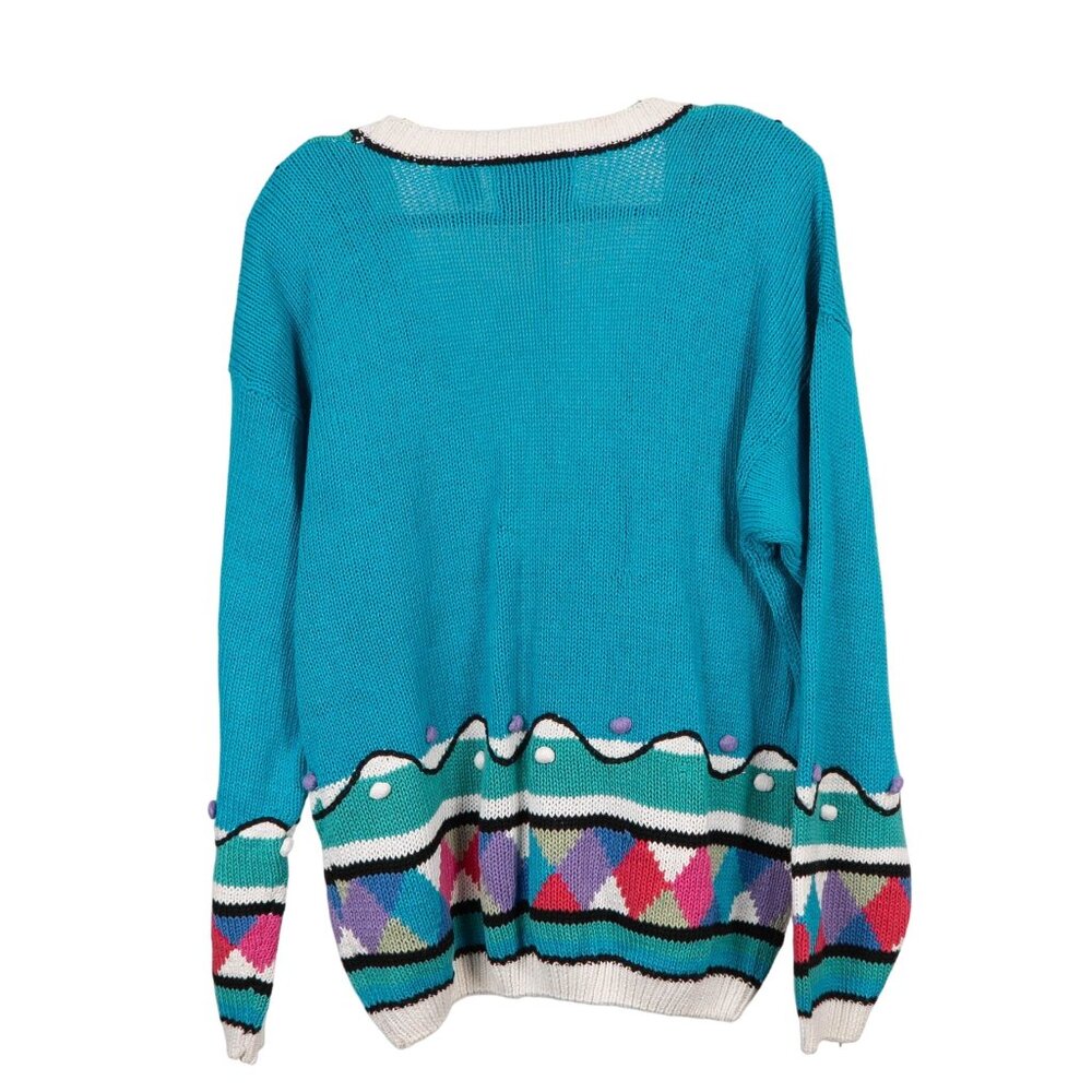 VTG 80s Cardigan Sweater 40 20W Button Up Teal Geometric Grammacore Cottagecore - Picture 5 of 5